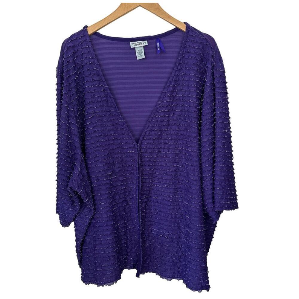 Catherines Purple Open Front Cardigan Women’s‎ 2XWP 3/4 Sleeve Ruffle Metallic